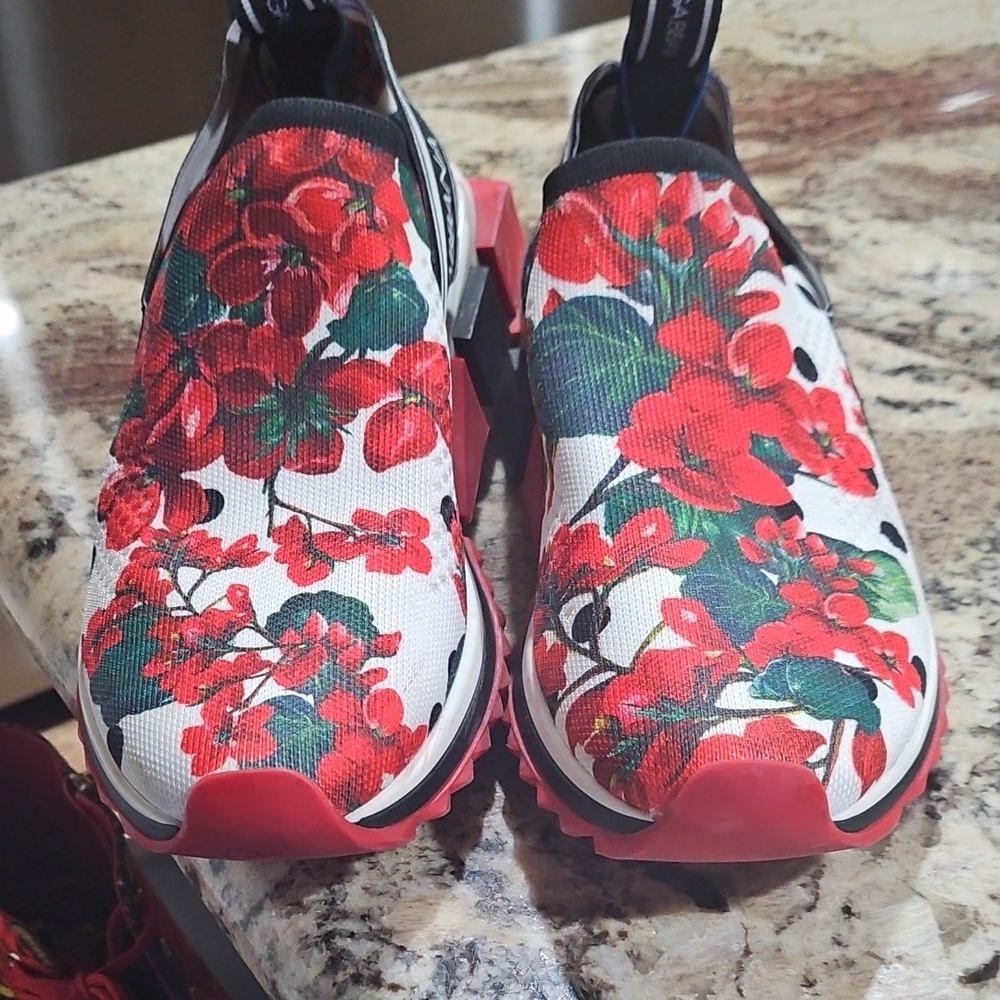 Dolce & Gabbana Red and White Floral Slip-Ons